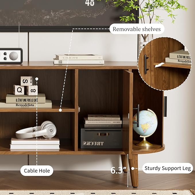 Mxtxmy 51" Fluted TV Stand, Mid-Century Modern Entertainment Center for Tvs up to 60" with Drawers and Fluted Doors, Curved TV Media Console Table with Sliding Doors for Living Room, Bedroom (51")