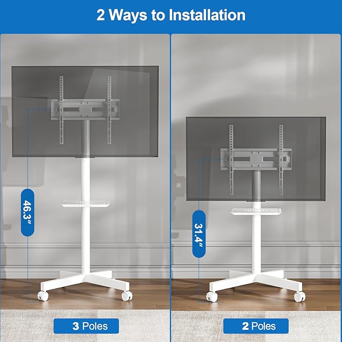 HOLMAXD Mobile TV Stand for 23-65 Inch LCD LED Flat/Curved Panel Screen TVs, Height Adjustable Rolling TV Stand with Tilt Mount and Shelf, Portable Stand Holds up to 110 lbs, Max VESA 400x400mm, White