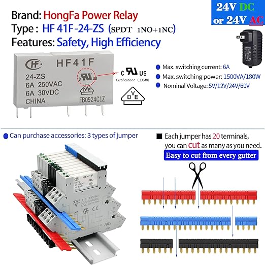3Pcs 24V Miniature Relay for PLC Controller 24VDC and 24VAC Relay SPDT 6Amp with LED Light Socket 41F-1Z-C4 Spring Terminals Push in Socket No Need for Screw