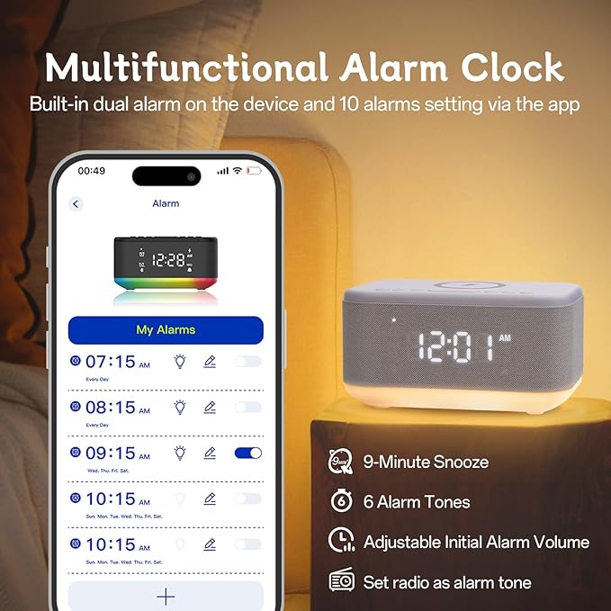 Bluetooth Alarm Clock Radio Bedroom, Digital Dual Alarm Clock Bedroom, Up to 10 Alarms Clock Night Light Speaker App/Button Control FM Charge Snooze Adjustable Brightness Dim 12/24H, Grey