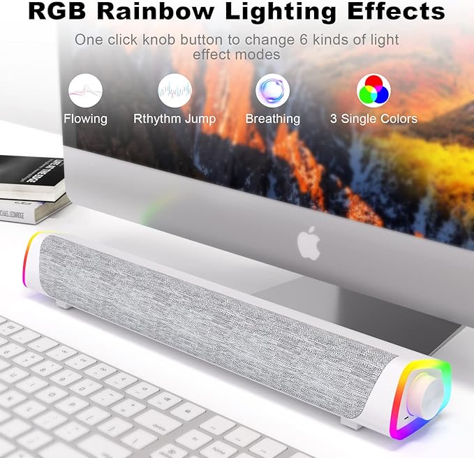 SOULION R30 Plus Bluetooth Computer Speakers, All-in-One Control Button with 6 Modes LED Lights PC Speaker, Wired USB Powered Surround Soundbar for Desktop Monitor Laptop White