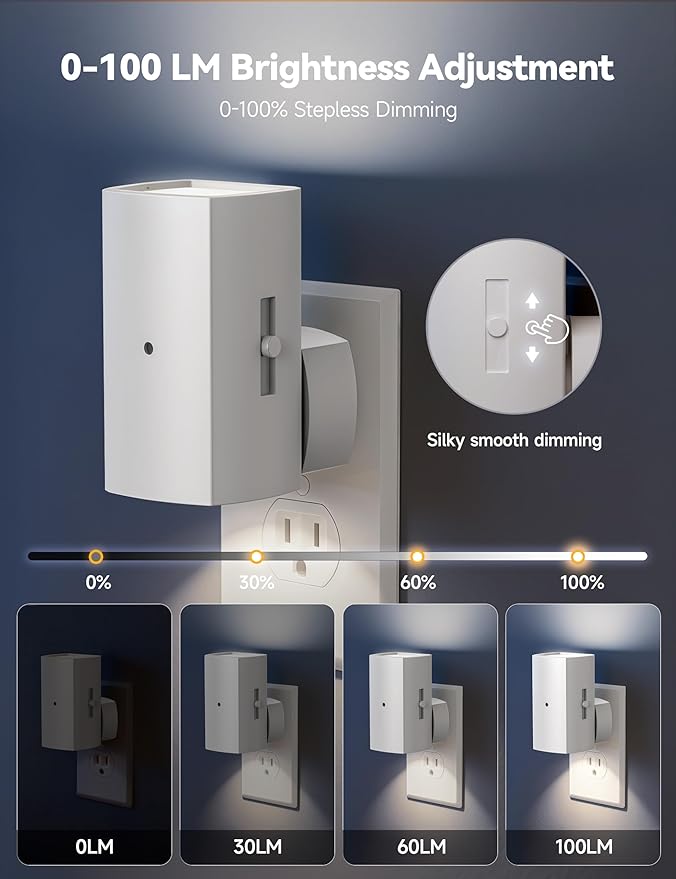 Brightown 2 Pack White Night Lights Plug into Wall, Modern Night Light with Rotating Plug, Dusk to Dawn Sensor, 0-100LM Stepless Dimming Aora Night Light for Hallway Bedroom Bathroom, Pure White