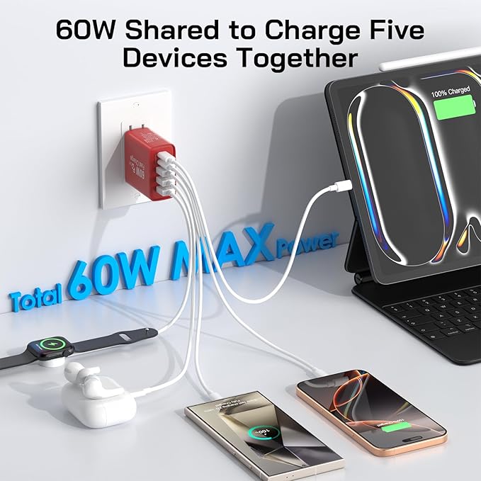 2Pack USB C Fast Charger Block, Total 60W 5-Port USB C Wall Charger 30W Type C Charging Block, 2USB C+3USB A PD 3.0 Multiport Charging Cube for iPhone 17 16 15 14 Pro Max, G-alaxy S25 S24 Ultra, i Pad
