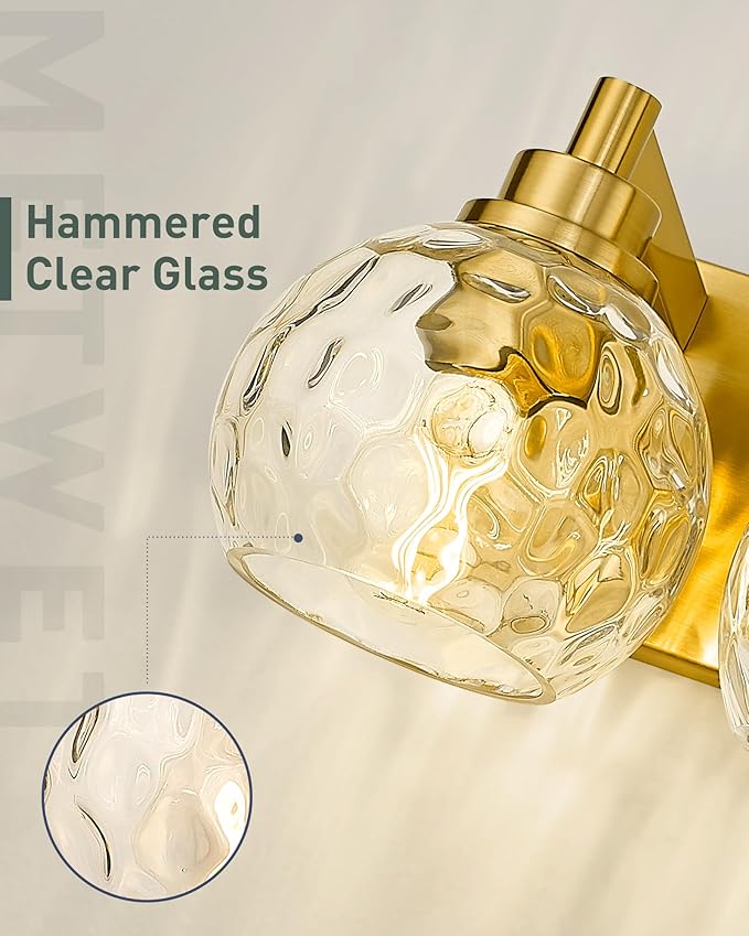 METWET Bathroom Light Fixtures Over Mirror, 26" Brushed Gold Bathroom Vanity Light with Clear Hammered Glass Globe Shade, 4-Light Modern Sconces Wall Lighting, VL200-BG-CL-4