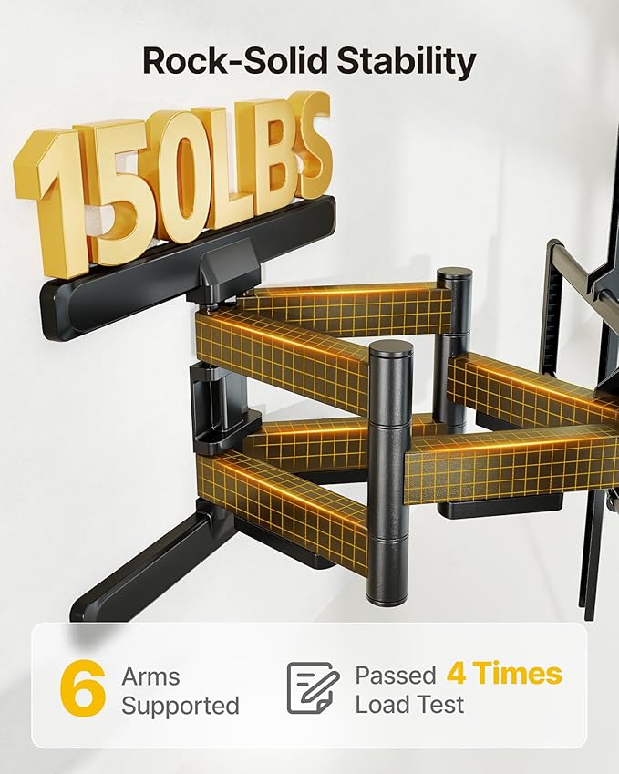 monTEK Heavy Duty Full Motion TV Wall Mount for 43–100 Inch TVs Pre-Assembled Bracket with Tool-Free Tilt Swivel & Extension Max VESA 800x600, 150lbs 4X Strength Tested Fits 16/18 Inch Studs, HW1276BK