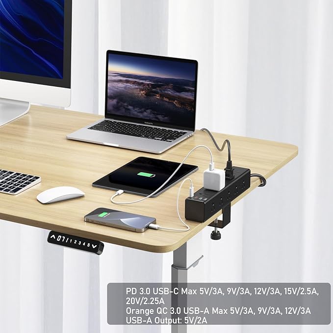 CCCEI Standing Desk Clamp Power Strip with 15 Outlets, Black Desktop Edge Mount Surge Protector Outlet, Fast Charging USB-A and 45W USB-C Ports, 6 FT Flat Plug, Black Fit 1.6 inch Table top.