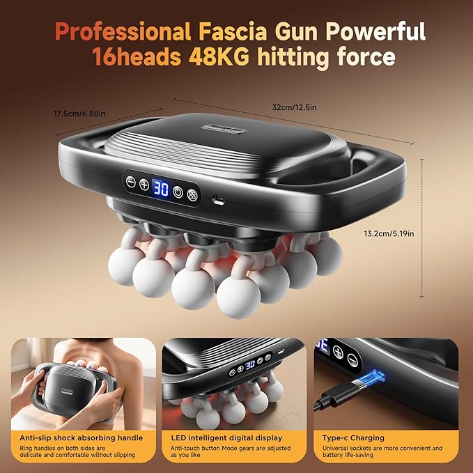 Fakosre Upgraded 16-Head Massage Gun, Deep Tissue Percussion Massager, Muscle Massage Gun for Back, Shoulders, Legs, Body Muscle Pain Relief, Gifts for Men and Women