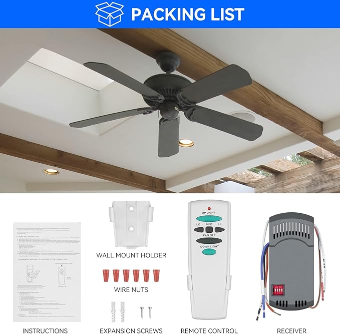 Universal Ceiling Fan Remote Control Kit with Up Down Light Replacement for Hampton Bay Harbor Breeze Hunter 3-Speed Dimmer UC7078T UC7080T CHQ7078T L3H2010FANHD Fan-HD6 FAN-28R