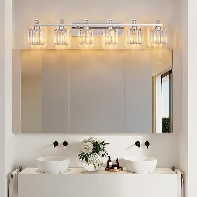 FDPBY Vanity Lights 6-Light Modern Crystal Vanity Light Chrome Bathroom Light Fixtures Over Mirror Crystal Bathroom Vanity Lighting Fixtures