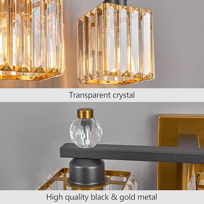 FDPBY 3-Light Modern Crystal Vanity Light - Black Gold Bathroom Light Fixtures Over Mirror