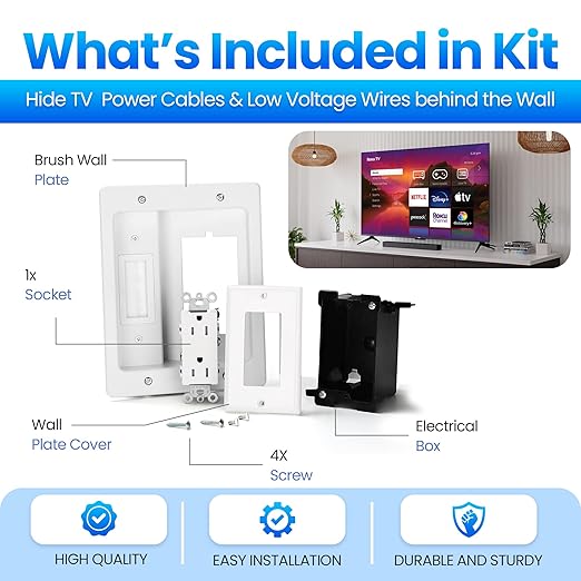 Inara in Wall Cable Management Kit – Recessed Outlet to Hide TV Cords & Wires, Power Bridge Mounting Concealer, TV Cord Hider for Wall Mounted TV & Cable Pass Through, in-Wall Hidden Back Cover