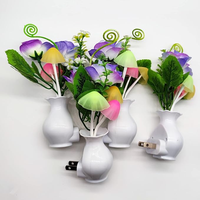 AUSAYE 4 Pack Plug in LED Night Light Sensor Rose Light, Energy Saving Lamp Dream Nightlight Rose Flower Mushroom Night Lights for Kids Adults Bedroom,Bathroom,Stairs,Kitchen,Hallway