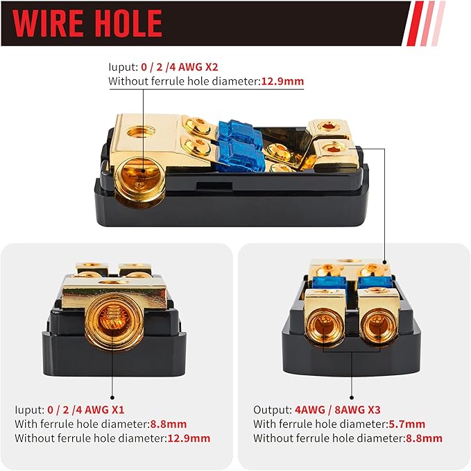 RED WOLF 2 Way Mini ANL Fuse Holder 60A 0/2/4 Gauge Input 4/8 Gauge Output Fuse Distribution Block for Car Boat Trolling Motor Marine Audio Amplifier Stereo Video System