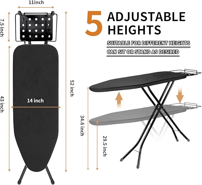 Ironing Board, 43x14 Inch Iron Board with Steam Rest, Heavy Duty Metal Frame Legs Ironing Table with Heat Resistant Cover Mat, Foldable Full Size Hanger Ironing Stand (Black, 52" L x 14" W x 34.6" H)