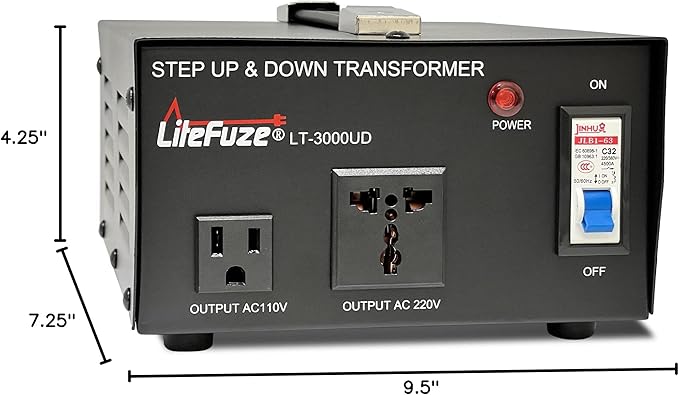 LiteFuze 3000 Watt Voltage Converter Transformer Step Up/Down - 110v to 220v / 220v to 110v Power Converter - Fully USA Grounded Cord - Universal Outlet Socket, CE Certified