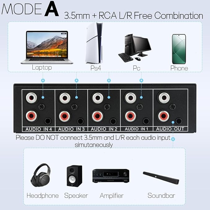 3.5mm Aux + RCA L/R Bi-Directional Stereo Audio Switch 4 in 1 Out A/B Analog Audio Switcher Selector No Power Need