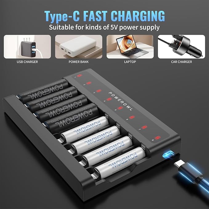 POWEROWL AA AAA Battery Charger 8 Bay, Independent Slot, USB Fast Charging for Ni-MH Ni-CD Rechargeable Batteries