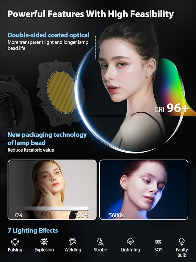 Video Light, COLBOR CL220M LITE 220W Continuous Output Lighting 2700-6500K CRI96+ 10,800Lux at 3.3ft COB Studio Light with 7 Light Effects Bowens Mount APP, Video-Light-Studio-LED-Photography