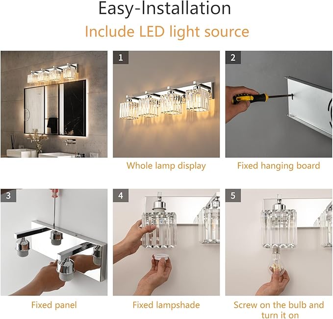 FDPBY Modern 4-Light Chrome Crystal Bathroom Vanity Light Fixtures