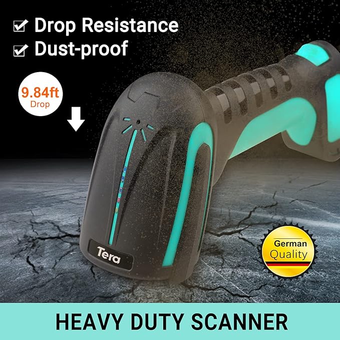 Tera 1D 2D QR Barcode Scanner Wireless with Stand, Heavy Duty Industrial IP66 Drop Resistance, Image Scanning Handheld Reader Compatible for Bluetooth with Vibration Alert Model 8100, Battery Powered
