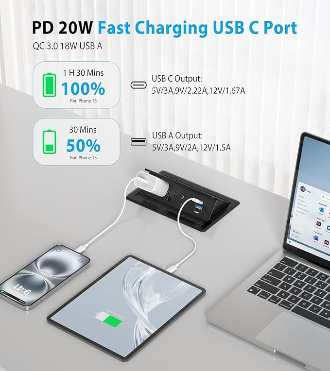 Recessed Conference Table Power Hub with 20W USB-C PD Fast Charging, Flush Mounted for Desks, Kitchens & RVs, 6FT Power Cord (Black)