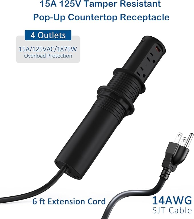 Jgstkcity Pop Up Power Outlet for Countertops & Desks,2.5-Inch Hole Flush, Mount, 20W USB-C, 4 USB Ports, 4 Tamper-Resistant 15A Outlets - Space-Saving Recessed Design,1875W,ETL Listed