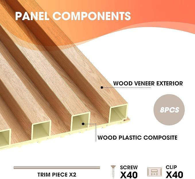 OUZUGIE WPC Acoustic Slat Wall Paneling, 8-Pack 96 x 6 Inches 3D Wall Panels for Interior Wall Decor,Living Room,TV Background,Study Room,Office Spaces,Bedroom,High Grille (Oak)
