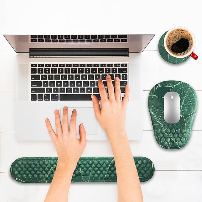 Hasinart Ergonomic Mouse Pad and Keyboard Wrist Rest with Massage Design, Space-Saving Mouse Pad Wrist Support, Memory Foam Wrist Rest with Non-Slip PU Base for Computer Desk, Green Leaves