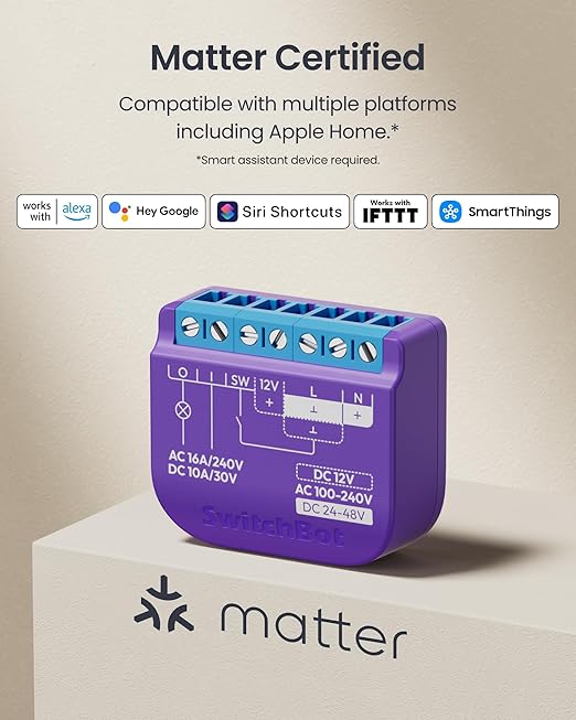 SwitchBot WiFi Switch 1 (Pack of 4) Compatible with Alexa/Apple Home/Google Home, Power-Measuring Relay Switch Module with Built-in Bluetooth Repeater and Dry Contact, Wi-Fi 2.4GHz, 16A