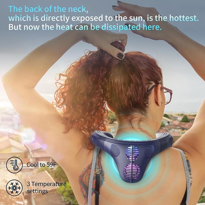 PluvoFan Neck Fan Back-Windy 6000mAh with Cooling Plate Bladeless Portable Thermo-Electric Cooler Rechargeable Camping Essentials for Women Men Outdoor Activities Gardening Walking the Dogs(Navy Blue)