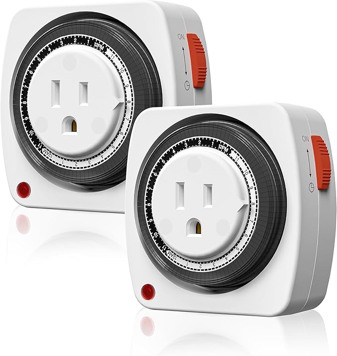 BN-LINK Outlet Timer Indoor, 24-Hour Heavy Duty Mechanical Light Timer with 15-Minute Intervals, 3 Prong Plug Outlet for Aquariums, Grow Lights, Indoor Lighting, Home Appliances, ETL Listed, 2-Pack