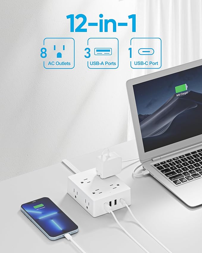 Surge Protector Power Strip, Olcorife 20ft Long Extension Cord with 8 Outlets 4 USB Ports(1 USB C), Flat Wall Plug Outlet Extender, College Dorm Room Essentials, White
