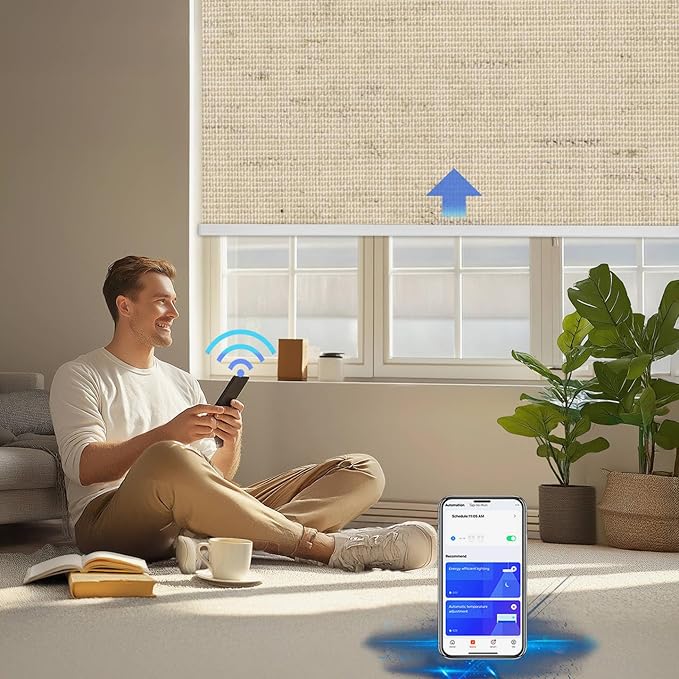 COOLWINDS Motorized Blinds with Remote Cordless Automatic Motorized Shades Custom Blinds for Windows Smart Curtains Compatible with Alexa Google Home(Blackout Linen Soft Dunes,W25 x H72in)