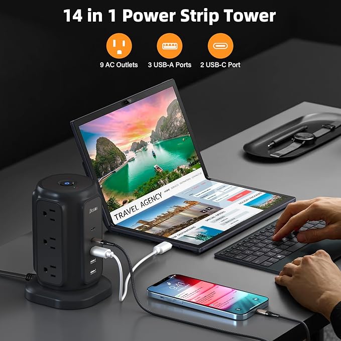 Flat Plug Power Strip Tower with 9 Outlets 5 USB Ports (2 USB C), BESFAN 1625W 6.5Feet Extension Cord with Multiple Outlets, 1200J Surge Protector for Home Office Supplies, Dorm Essentials