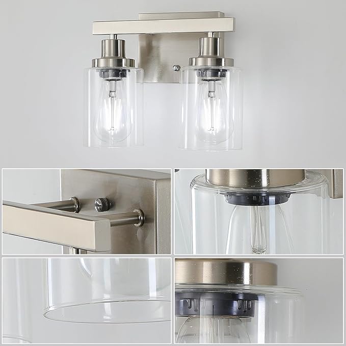 DIKAIDA Bathroom Vanity Light, 2-Light Nickel Modern Matte Wall Sconce Lighting with Clear Glass Shade, Wall Lights,Bath Vintage Wall Mounted Lamps for Mirror Bedroom Living Room