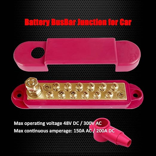 1/4" Stud Power Distribution Block Bus Bar with 12 x #8 Screws, Ampper 5.3" 12V 150A Marine BusBar Brass Battery Distribution Block W/Cover for Car Boat Solar (Red)