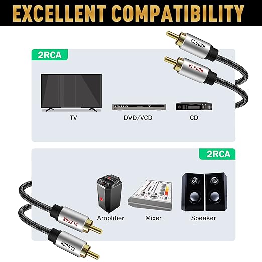 Elecan Premium RCA Cable 4 Ft (Hi-Fi Sound-16 AWG-Shielded) 2 RCA Male to 2 RCA Male Stereo Audio Cable, Gold Plated-Aluminum Alloy Shell-Pure Copper-Braided RCA Cord for Home Theater Speakers + Ties