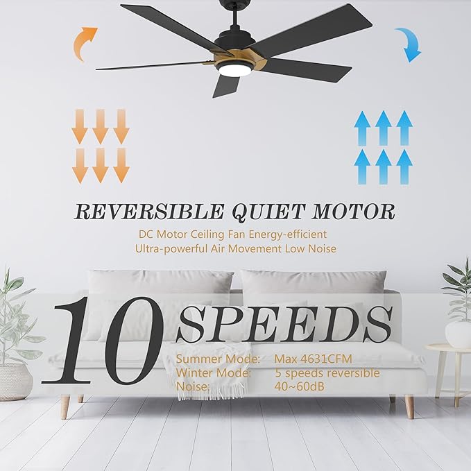 SMAAIR Smart Ceiling Fans with Lights and Remote, 52 Inch Low Profile Ceiling Fan with Dimmable LED Light, 10-Speed Reversible DC Motor Works with APP/Alexa/Google Assistant/Siri Control(Black/Gold)