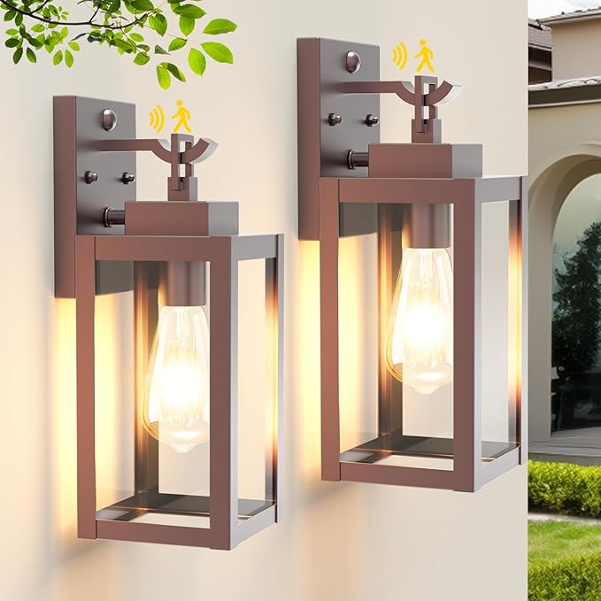 LTBLIGHT 2-Pack Motion Sensor Porch Lights Outdoor, Farmhouse Brown Dusk to Dawn Exterior Lighting Fixtures with 3 Modes, Waterproof Wall Lanterns for House, Backyard, Entryway, Garage