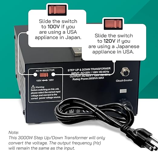 LiteFuze 3000 Watt Japan Voltage Converter Transformer Step Up/Down - 100v to 120v / 120v to 100v Japanese Power Converter - Fully Grounded Cord CE Certified