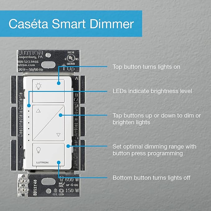 Lutron Caseta 3 Way Smart Dimmer Light Switch Kit, Includes Pico Remote, Bracket, and LED Dimmer Switch, No Neutral Required, P-PKG1WB-WH