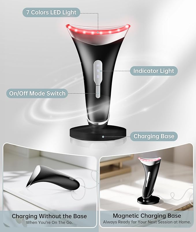 Dopsikn 7 Color Light Therapy Facial Massager with Adjustable Vibration and Thermals for Wrinkles, Double Chin, Red Light Skin Care Tool with Base, Black