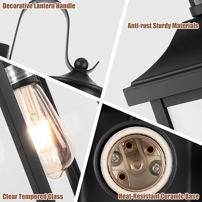 Roravilila 18 Inch Motion Sensor Outdoor Lights 2-Pack, Large Black Dusk to Dawn Outdoor Porch Lights for House IP65 Waterproof Exterior Lighting Fixtures for Front Door Garage Lantern Sconces