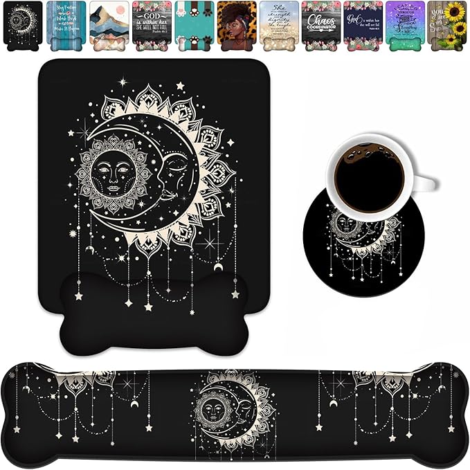 Wrist Rest Support Ergonomic Gel Mouse Pad and Memory Foam Keyboard Set, Non-Slip Rubber PU Base for Home Office Working Studying Easy Typing & Pain Relief, Celestial Theme Sun with Crescent Moon