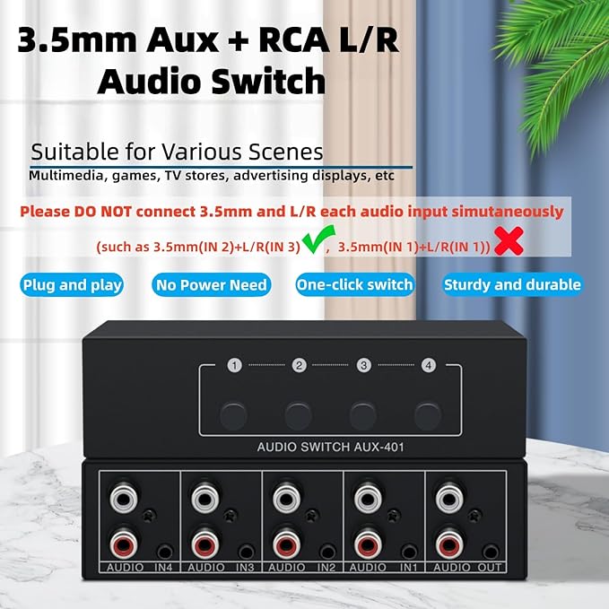 3.5mm Aux + RCA L/R Bi-Directional Stereo Audio Switch 4 in 1 Out A/B Analog Audio Switcher Selector No Power Need