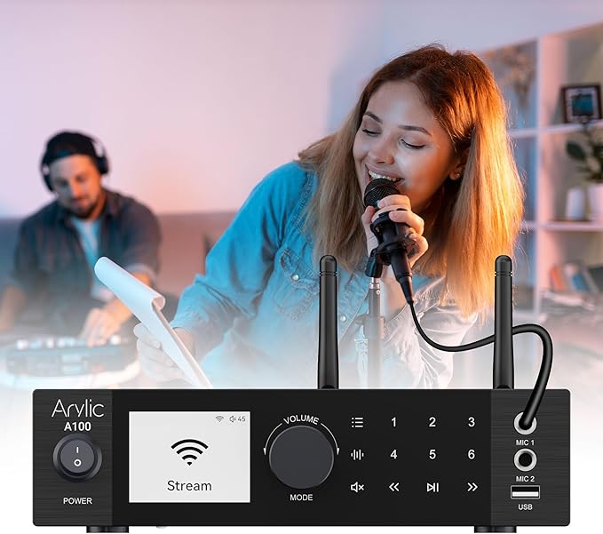 Arylic A100 Wireless Full Digital HiFi Amplifier with FM Radio, 100W×2 WiFi & Bluetooth Audio Receiver, Supports AirPlay, Spotify Connect,Multiroom, Ideal for KTV, Home Theater, and Broadcasting.