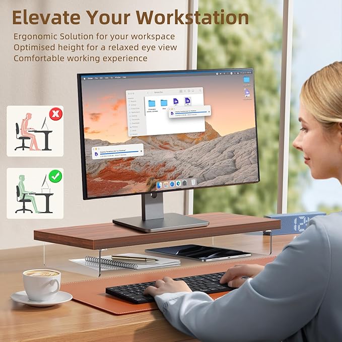 SSWOOD Dual Monitor Stand Riser, 40" Large Computer Monitor Stands for 2 Monitors, Wooden Desktop Organizer Shelf for Office Desk Computer, Laptop, TV, Monitor, Printer