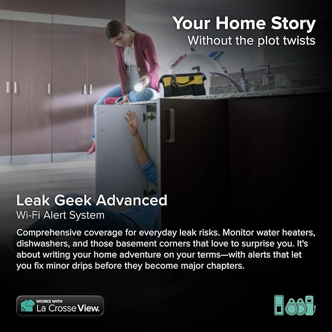 Leak Geek Advanced Wi-Fi Alert System with The Bridge Gateway, 2 Water Spot Detection Sensors, and a Water Leak Area Detection Sensor with 76-inch Cable