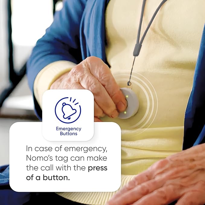 Emergency Alert & Movement Sensor Tags – Elderly Monitoring with Emergency Panic Button, Wearable Fall Detection for Seniors, Water-Resistant - Works with Nomo Care Kit -10-Year Battery Life - 4 Tags