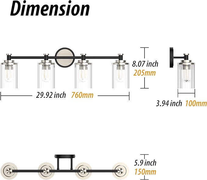 PHIXART Bathroom Lighting Fixtures Black and Brushed Nickel Bathroom Vanity Light with Cylindrical Clear Stripes Glass Lampshade E26 Socket Base Bathroom Lighting Fixtures Over Mirror (4 Lights)
